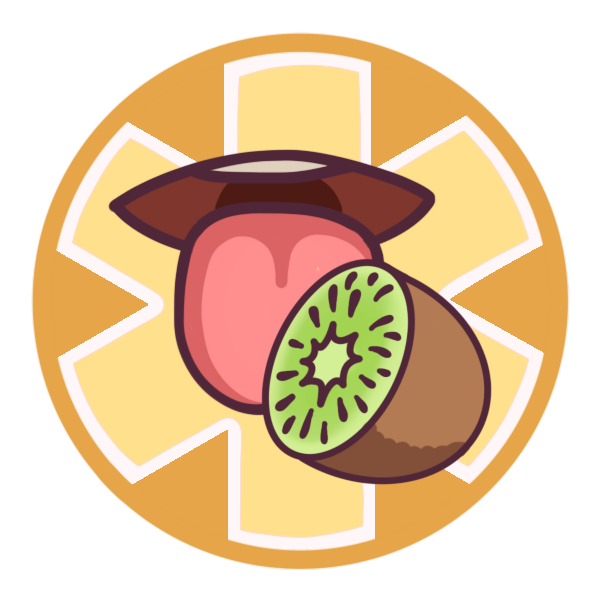 a red circle with a large medical alert asterisk inside it, and a tongue touching a kiwi fruit pictured in the centre.